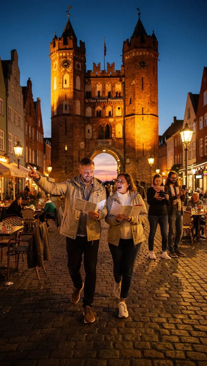Touristengruppe mit Stadtführer, der vor einem mittelalterlichen Rathaus erklärt.